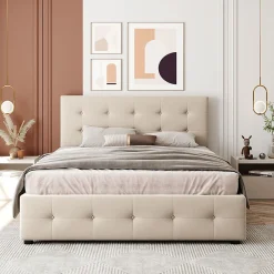 Gutent Lit adulte lit 140x200 cm lit rembourré avec tiroirs et sommier à lattes lit double velours beige
