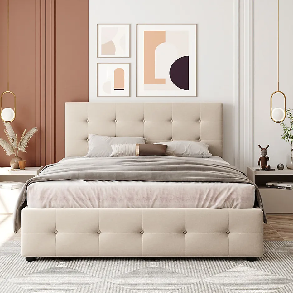 Gutent Lit adulte lit 140x200 cm lit rembourré avec tiroirs et sommier à lattes lit double velours beige
