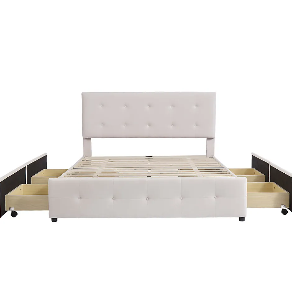 Gutent Lit adulte lit 140x200 cm lit rembourré avec tiroirs et sommier à lattes lit double velours beige