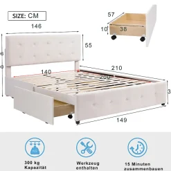 Gutent Lit adulte lit 140x200 cm lit rembourré avec tiroirs et sommier à lattes lit double velours beige