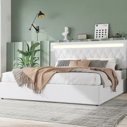 Gutent Lit adulte lit 180x200 cm lit rembourré hydraulique avec lumière ambiante lit double lin blanc