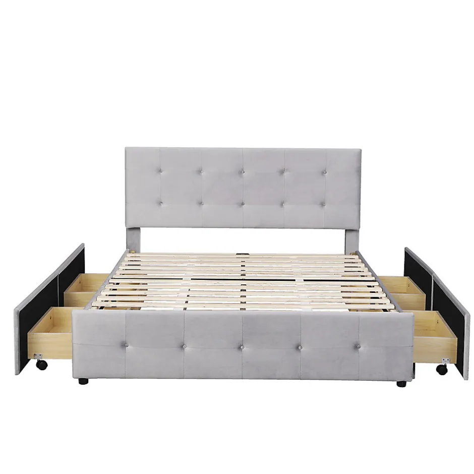 Gutent Lit adulte lit 140x200 cm lit rembourré avec tiroirs et sommier à lattes lit double velours gris