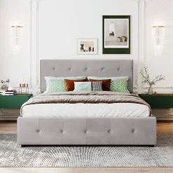 Gutent Lit adulte lit 140x200 cm lit rembourré avec tiroirs et sommier à lattes lit double velours gris