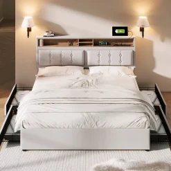 Gutent Lit adulte lit 140x200 cm lit rembourré avec quatre tiroirs avec sommier à lattes en bois lit double lin beige Sale