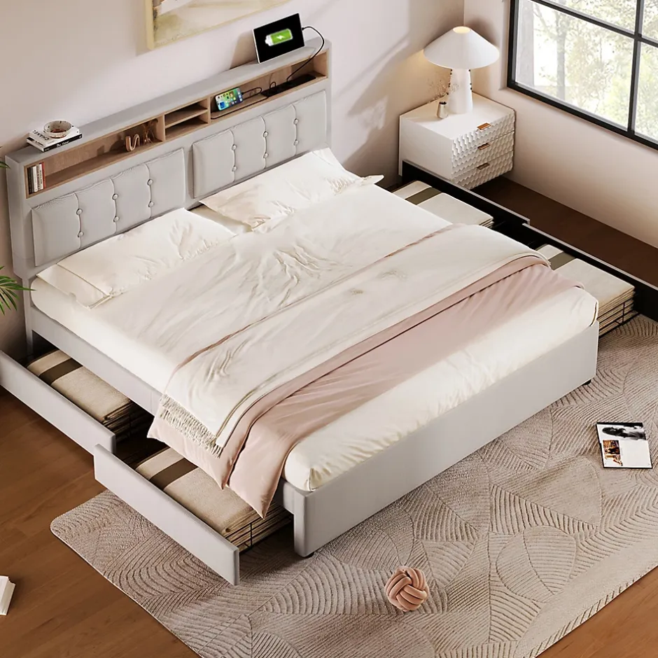 Gutent Lit adulte lit 140x200 cm lit rembourré avec quatre tiroirs avec sommier à lattes en bois lit double lin beige Sale