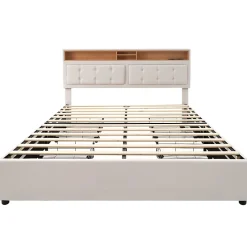 Gutent Lit adulte lit 140x200 cm lit rembourré avec quatre tiroirs avec sommier à lattes en bois lit double lin beige Sale
