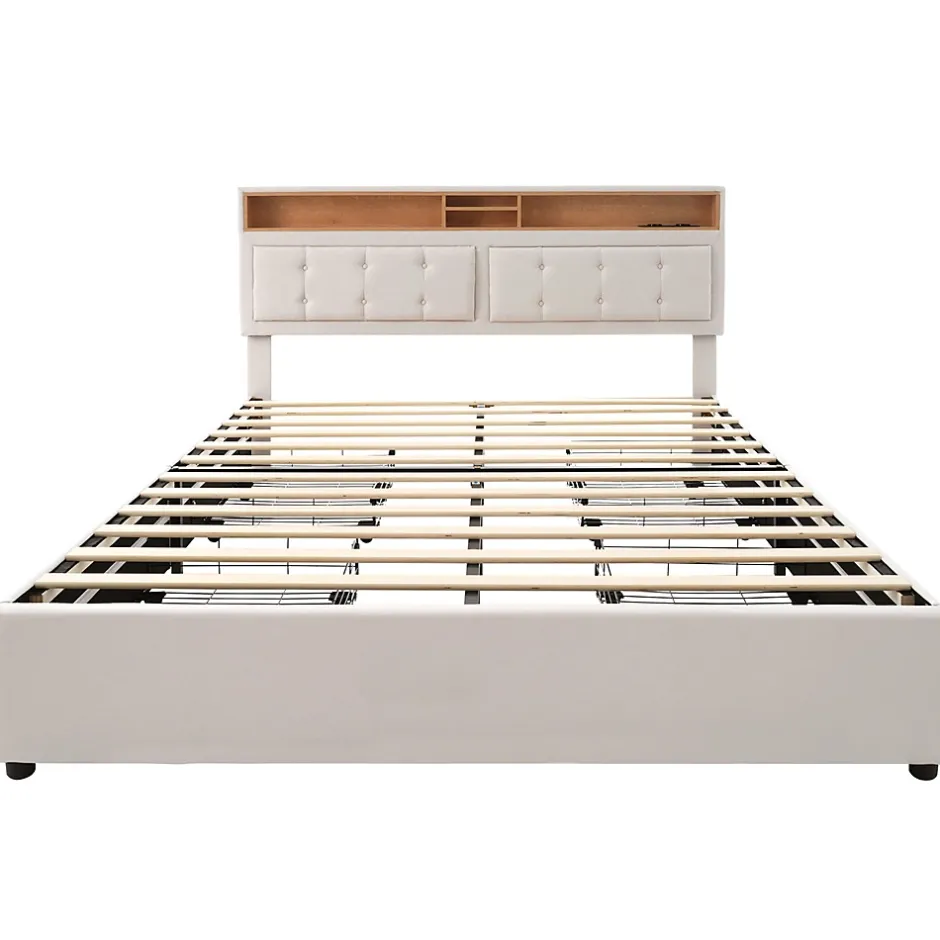 Gutent Lit adulte lit 140x200 cm lit rembourré avec quatre tiroirs avec sommier à lattes en bois lit double lin beige Sale