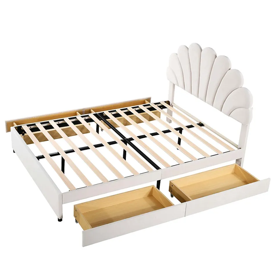 Gutent Lit adulte lit 140x200 cm lit rembourré lit cadre à lamelles lit 4 compartiments de rangement lit double velours beige Online