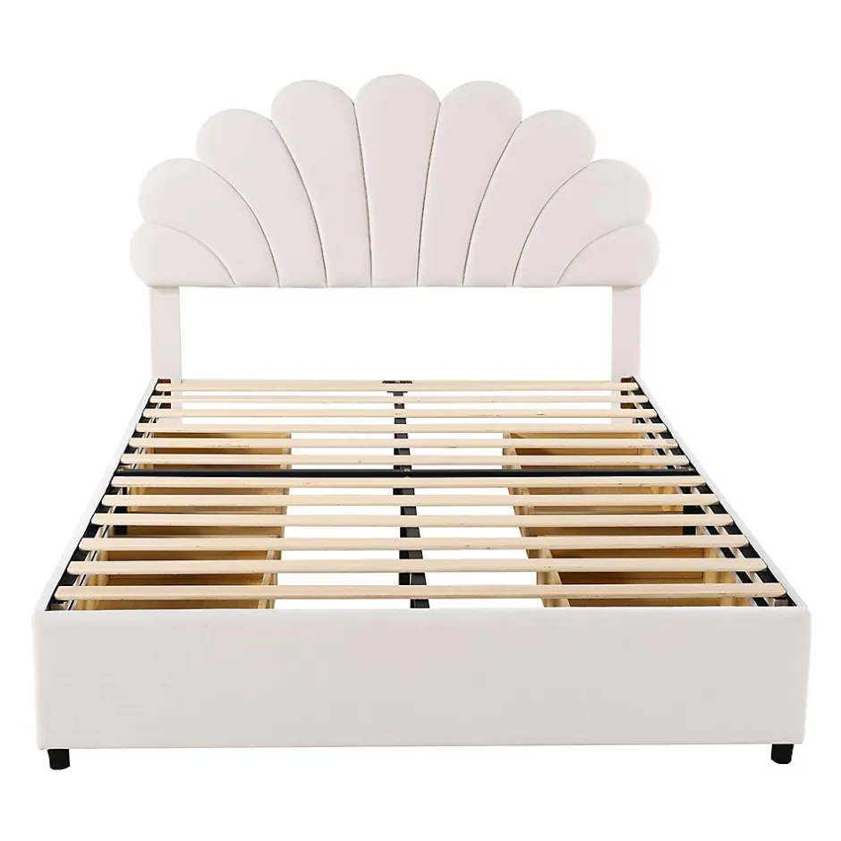 Gutent Lit adulte lit 140x200 cm lit rembourré lit cadre à lamelles lit 4 compartiments de rangement lit double velours beige Online