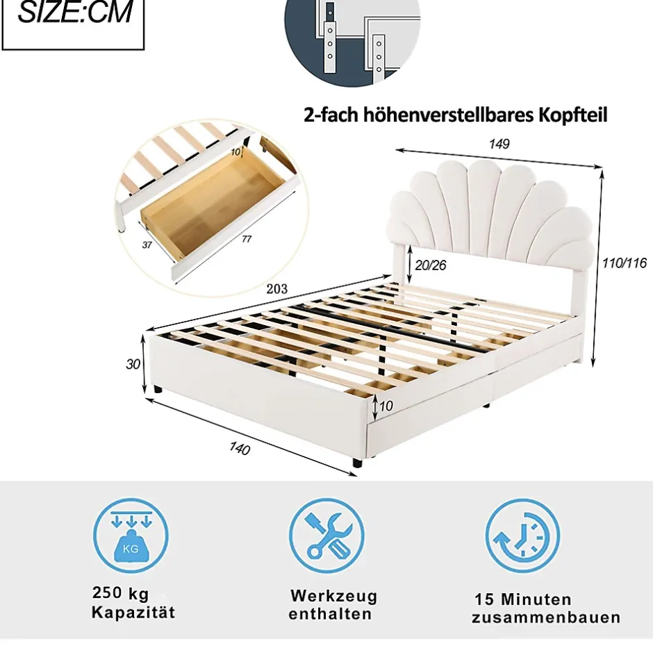Gutent Lit adulte lit 140x200 cm lit rembourré lit cadre à lamelles lit 4 compartiments de rangement lit double velours beige Online