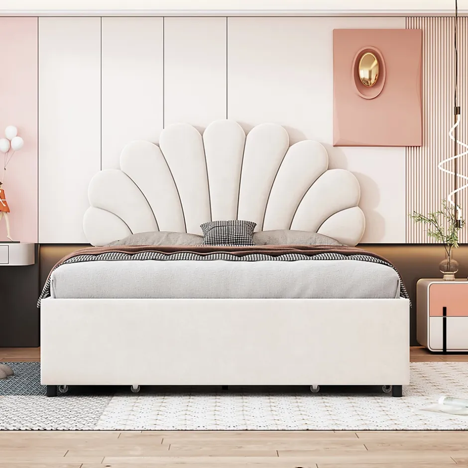 Gutent Lit adulte lit 140x200 cm lit rembourré lit cadre à lamelles lit 4 compartiments de rangement lit double velours beige Online
