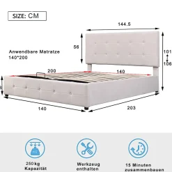 Gutent Lit adulte lit 140x200 cm lit rembourré hydraulique lit de rangement lit double velours blanc crème Sale