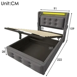 Gutent Lit adulte lit 90x200 cm lit rembourré hydraulique avec sommier en bois Single coton lin gris