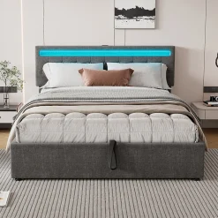 Gutent Lit adulte lit 160x200 cm lit rembourré lit de rangement avec lumière ambiante lit double lin gris