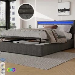 Gutent Lit adulte lit 160x200 cm lit rembourré lit de rangement avec lumière ambiante lit double lin gris