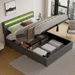 Gutent Lit adulte lit 160x200 cm lit rembourré lit de rangement avec lumière ambiante lit double lin gris