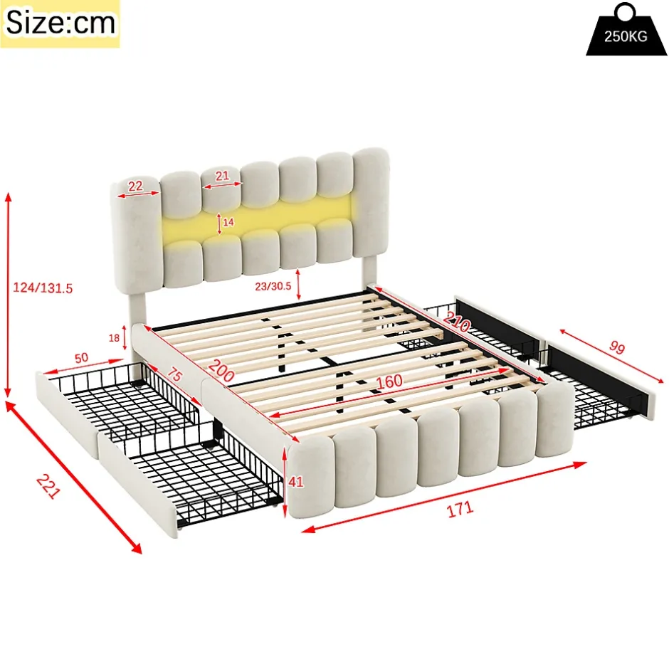 Gutent Lit adulte lit 160x200 cm lit rembourré avec barre lumineuse led lit 4 tiroirs avec usb et chaîne stéréo lit double velours beige