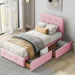 Gutent Lit adulte lit 90x200 cm lit rembourré lit 2 tiroirs lit sommier à lattes Single tissu en velours rose