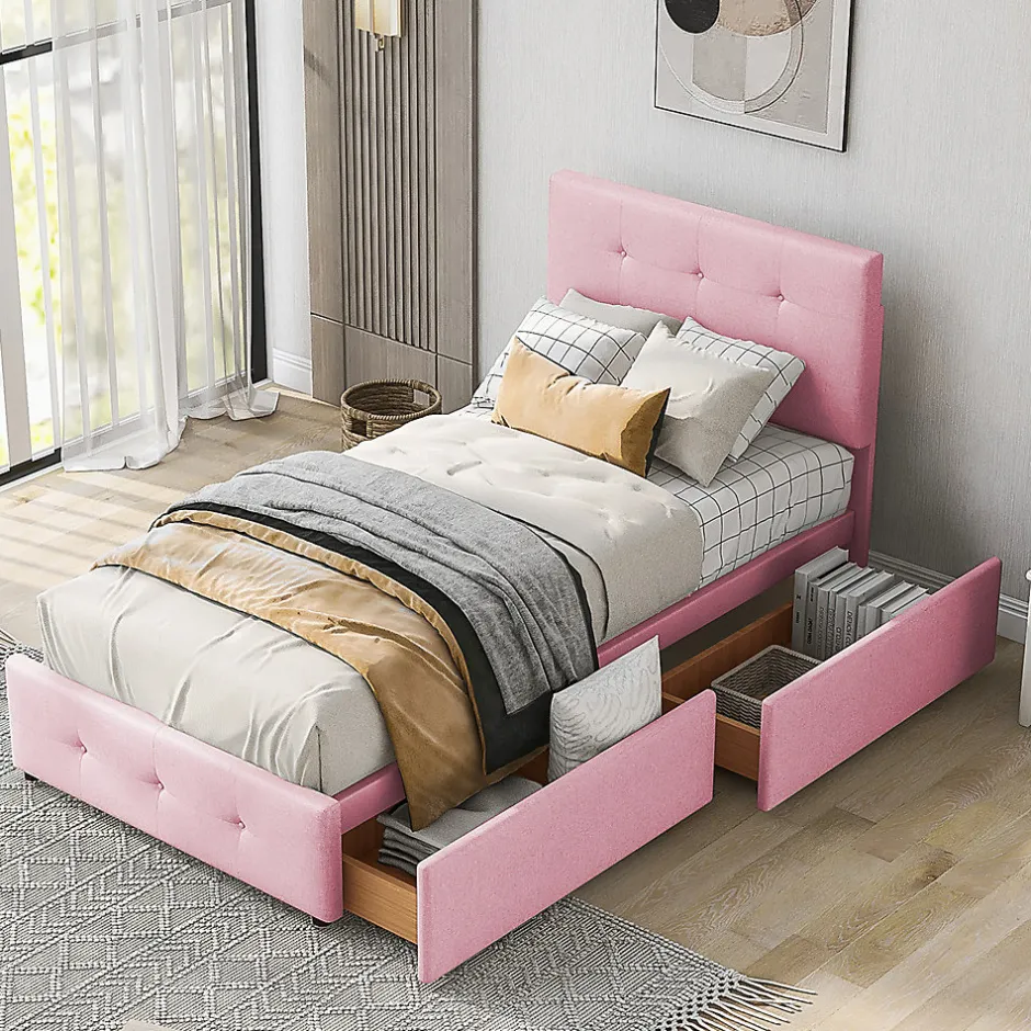 Gutent Lit adulte lit 90x200 cm lit rembourré lit 2 tiroirs lit sommier à lattes Single tissu en velours rose