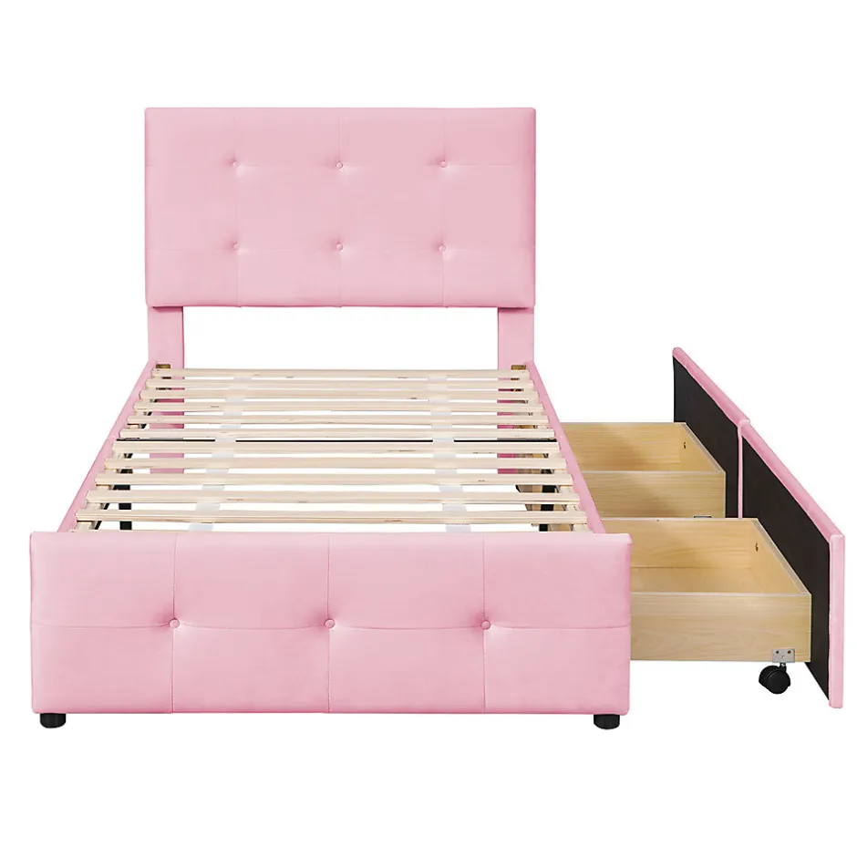 Gutent Lit adulte lit 90x200 cm lit rembourré lit 2 tiroirs lit sommier à lattes Single tissu en velours rose