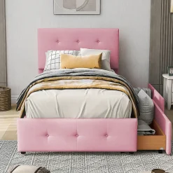Gutent Lit adulte lit 90x200 cm lit rembourré lit 2 tiroirs lit sommier à lattes Single tissu en velours rose