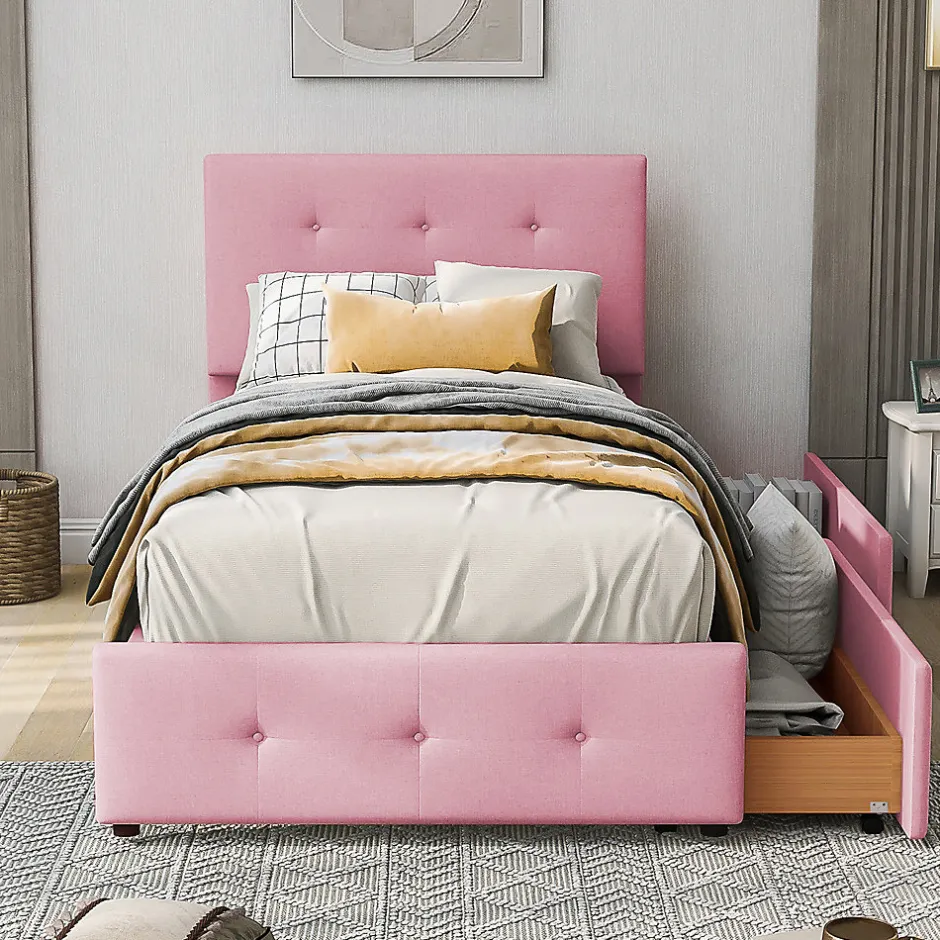 Gutent Lit adulte lit 90x200 cm lit rembourré lit 2 tiroirs lit sommier à lattes Single tissu en velours rose
