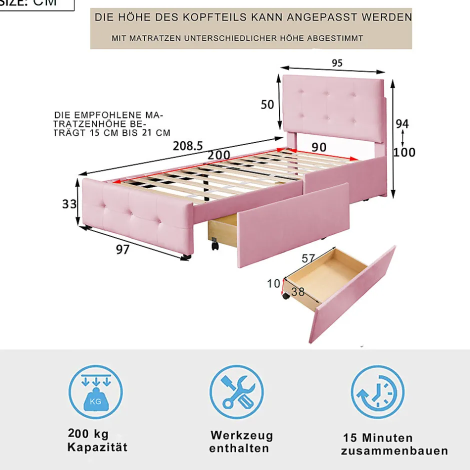 Gutent Lit adulte lit 90x200 cm lit rembourré lit 2 tiroirs lit sommier à lattes Single tissu en velours rose