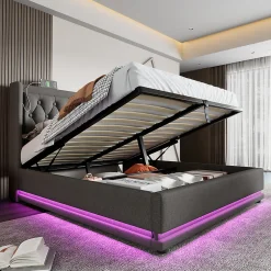 Gutent Lit adulte lit 140x200 cm lit rembourré hydraulique lit de rangement lit double coton gris