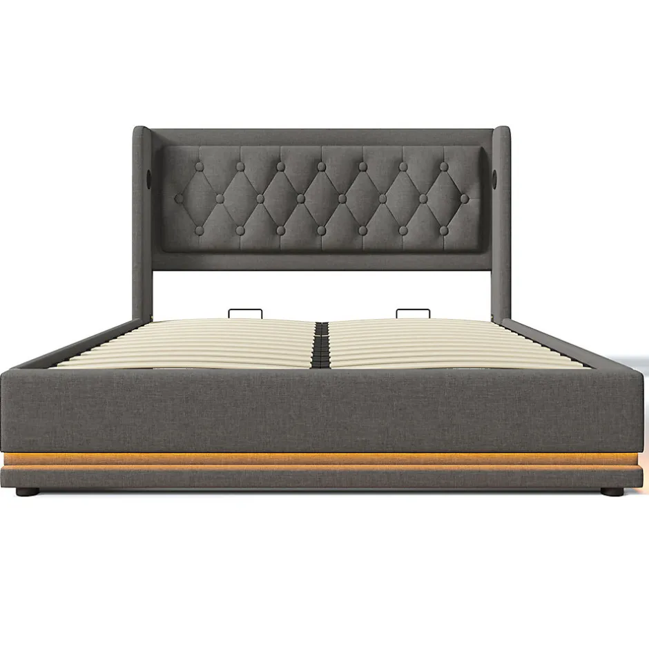 Gutent Lit adulte lit 140x200 cm lit rembourré hydraulique lit de rangement lit double coton gris