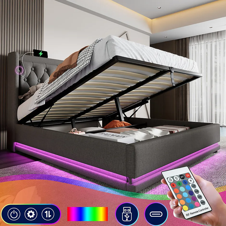 Gutent Lit adulte lit 160x200 cm lit rembourré hydraulique lit de rangement lit double coton gris