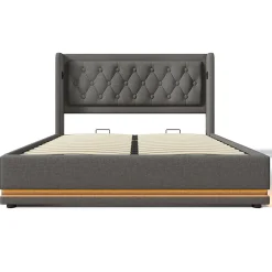 Gutent Lit adulte lit 160x200 cm lit rembourré hydraulique lit de rangement lit double coton gris