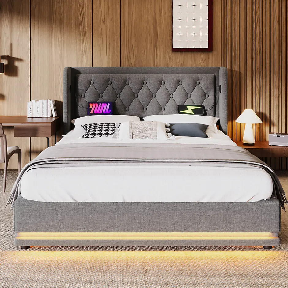 Gutent Lit adulte lit 160x200 cm lit rembourré hydraulique lit de rangement lit double coton gris