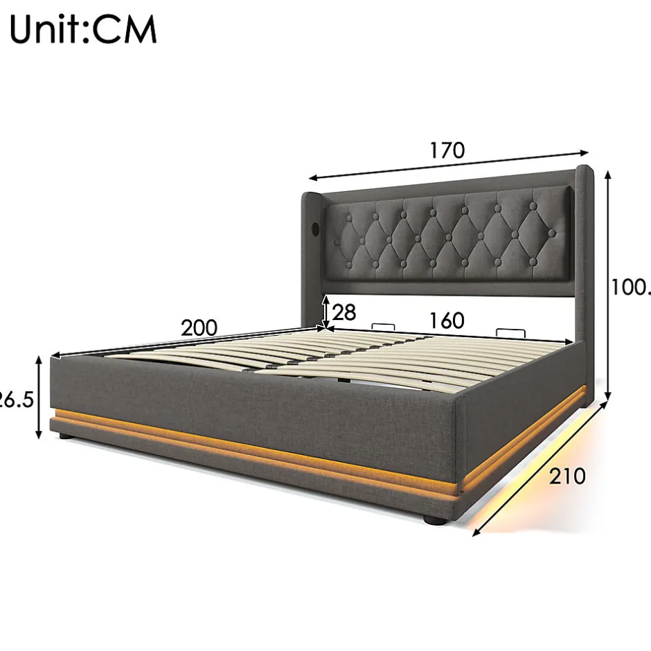 Gutent Lit adulte lit 160x200 cm lit rembourré hydraulique lit de rangement lit double coton gris