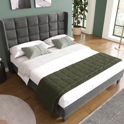Gutent Lit adulte lit 140x200 cm lit rembourré lit sommier à lattes lit double lin gris
