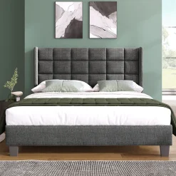 Gutent Lit adulte lit 140x200 cm lit rembourré lit sommier à lattes lit double lin gris