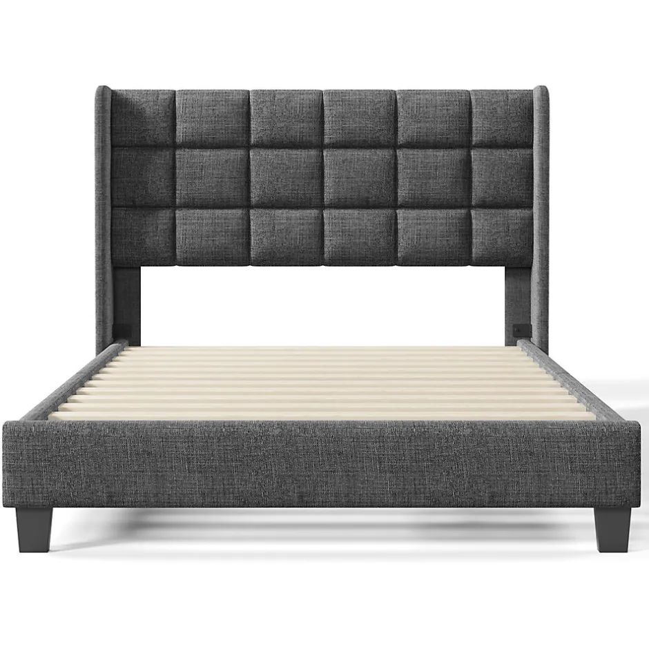 Gutent Lit adulte lit 140x200 cm lit rembourré lit sommier à lattes lit double lin gris