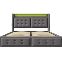 Gutent Lit adulte lit 160x200 cm lit rembourré lit 4 tiroirs lit de rangement avec sommier à lattes en bois lit double coton lin gris