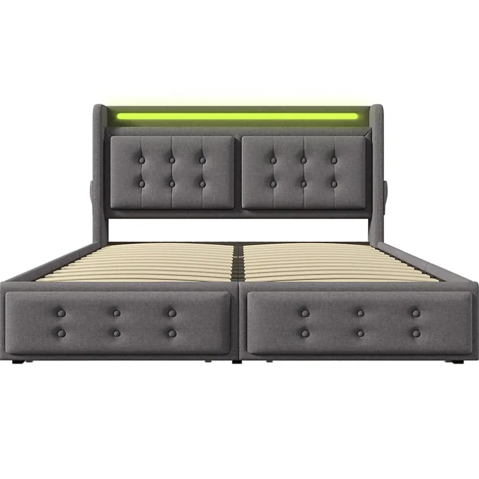 Gutent Lit adulte lit 160x200 cm lit rembourré lit 4 tiroirs lit de rangement avec sommier à lattes en bois lit double coton lin gris