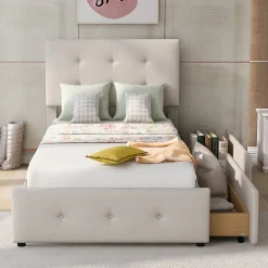 Gutent Lit adulte lit 90x200 cm lit rembourré lit 2 tiroirs lit sommier à lattes Single tissu en velours beige Clearance
