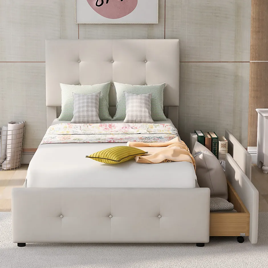 Gutent Lit adulte lit 90x200 cm lit rembourré lit 2 tiroirs lit sommier à lattes Single tissu en velours beige Clearance