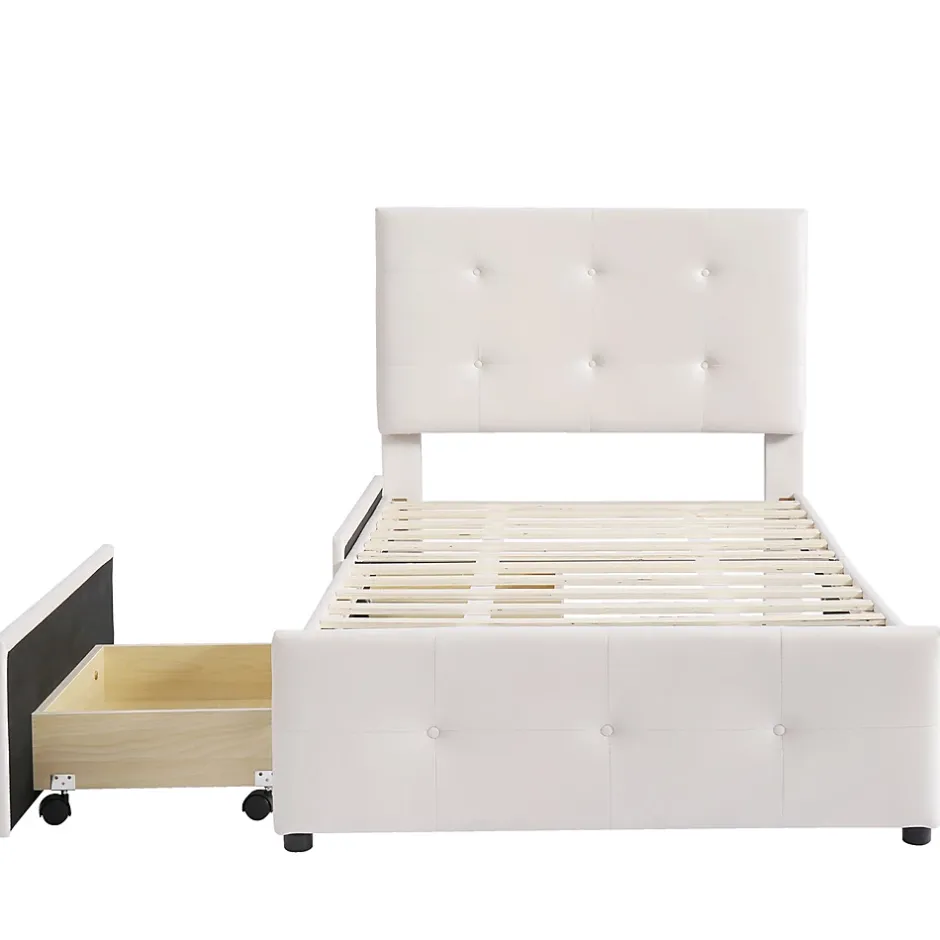 Gutent Lit adulte lit 90x200 cm lit rembourré lit 2 tiroirs lit sommier à lattes Single tissu en velours beige Clearance