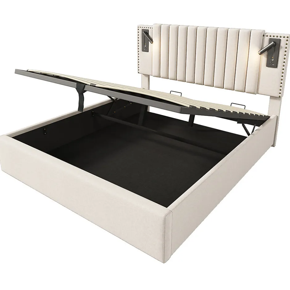 Gutent Lit adulte lit 140x200 cm lit rembourré lit de rangement avec sommier à lattes lit double coton beige