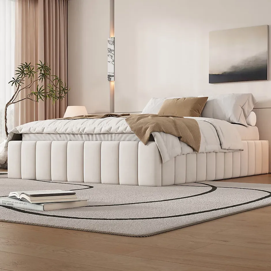 Gutent Lit adulte lit 140x200 cm lit rembourré avec 4 tiroirs Single velours beige Best