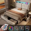 Gutent Lit adulte lit 180x200 cm lit rembourré lit 4 tiroirs lit de rangement avec sommier à lattes en bois lit double coton lin beige New