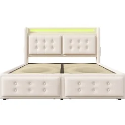 Gutent Lit adulte lit 180x200 cm lit rembourré lit 4 tiroirs lit de rangement avec sommier à lattes en bois lit double coton lin beige New