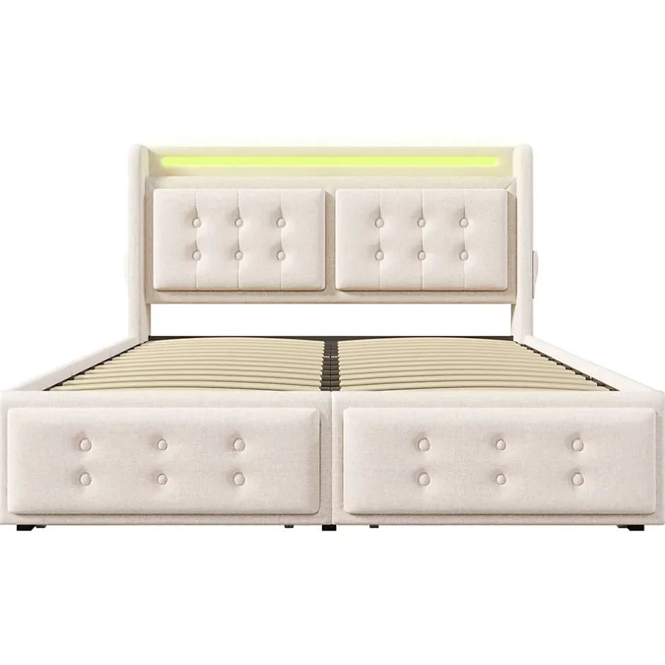 Gutent Lit adulte lit 180x200 cm lit rembourré lit 4 tiroirs lit de rangement avec sommier à lattes en bois lit double coton lin beige New