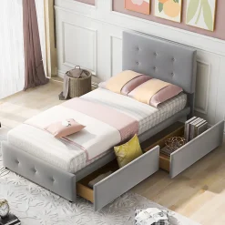 Gutent Lit adulte lit 90x200 cm lit rembourré lit 2 tiroirs lit sommier à lattes Single tissu en velours gris