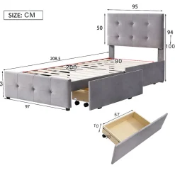 Gutent Lit adulte lit 90x200 cm lit rembourré lit 2 tiroirs lit sommier à lattes Single tissu en velours gris