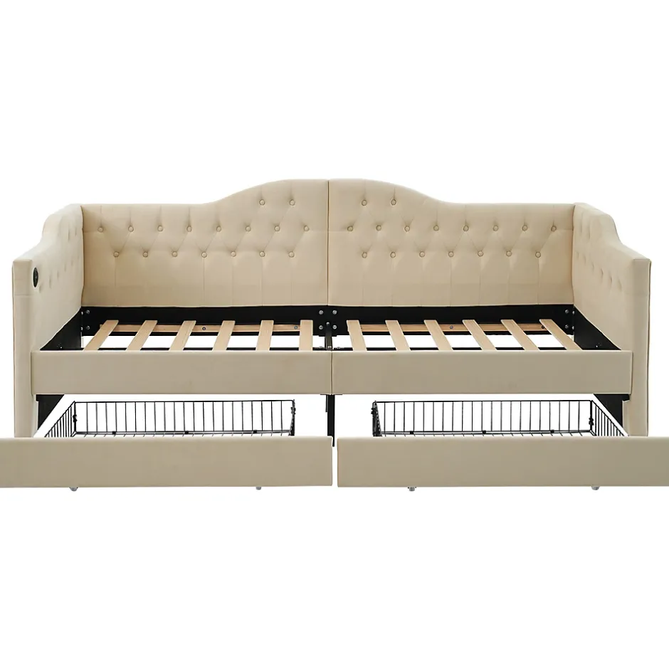 Gutent Lit adulte lit 90x200 cm lit rembourré avec 2 tiroirs Single velours beige Online