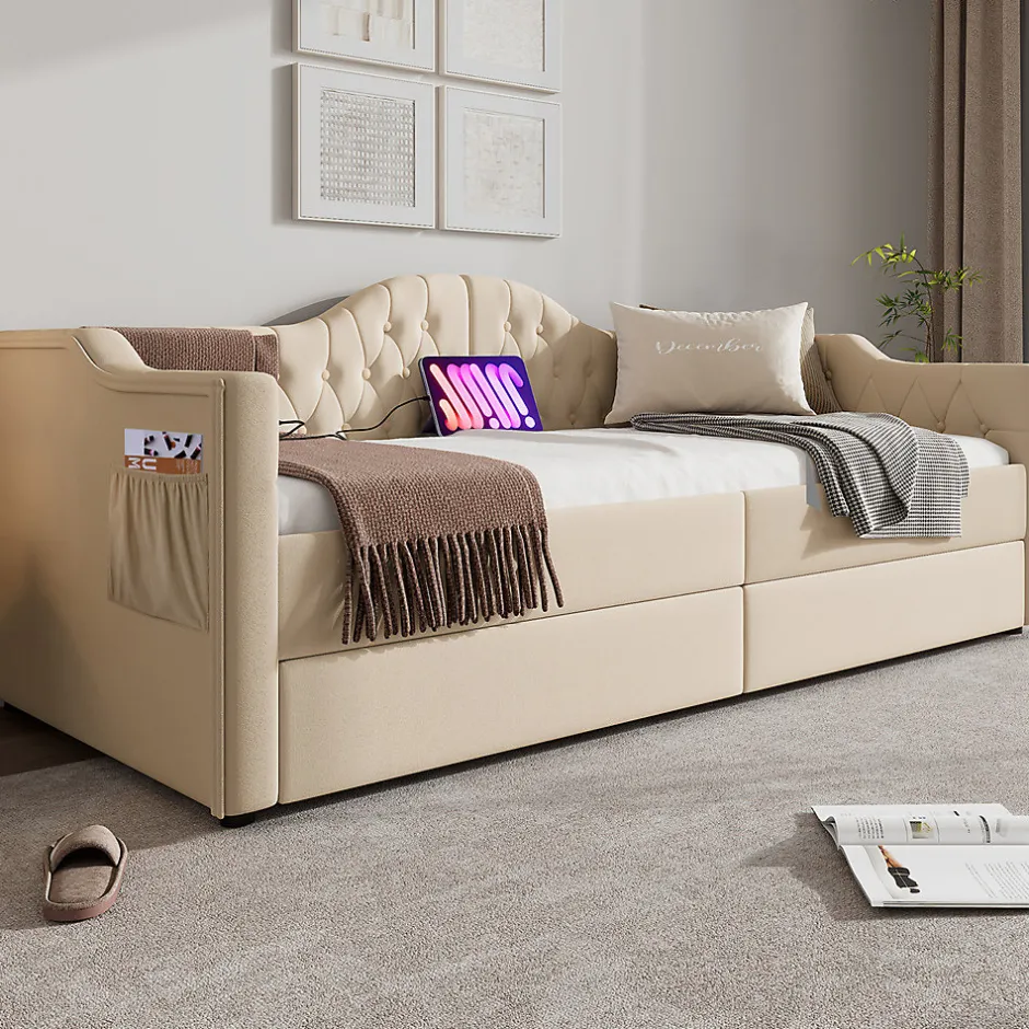 Gutent Lit adulte lit 90x200 cm lit rembourré avec 2 tiroirs Single velours beige Online